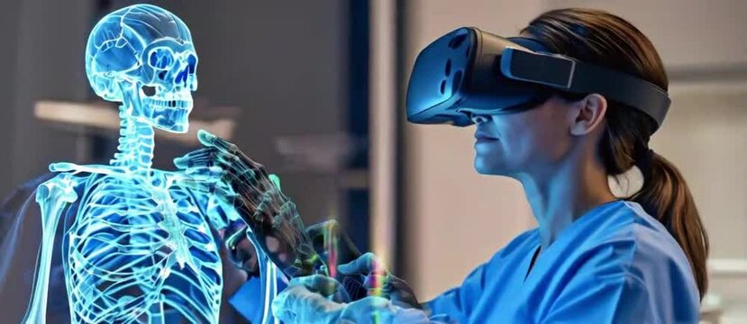 Healthcare worker using VR to study a holographic skeleton, 3d human body model, advancements in Medtech