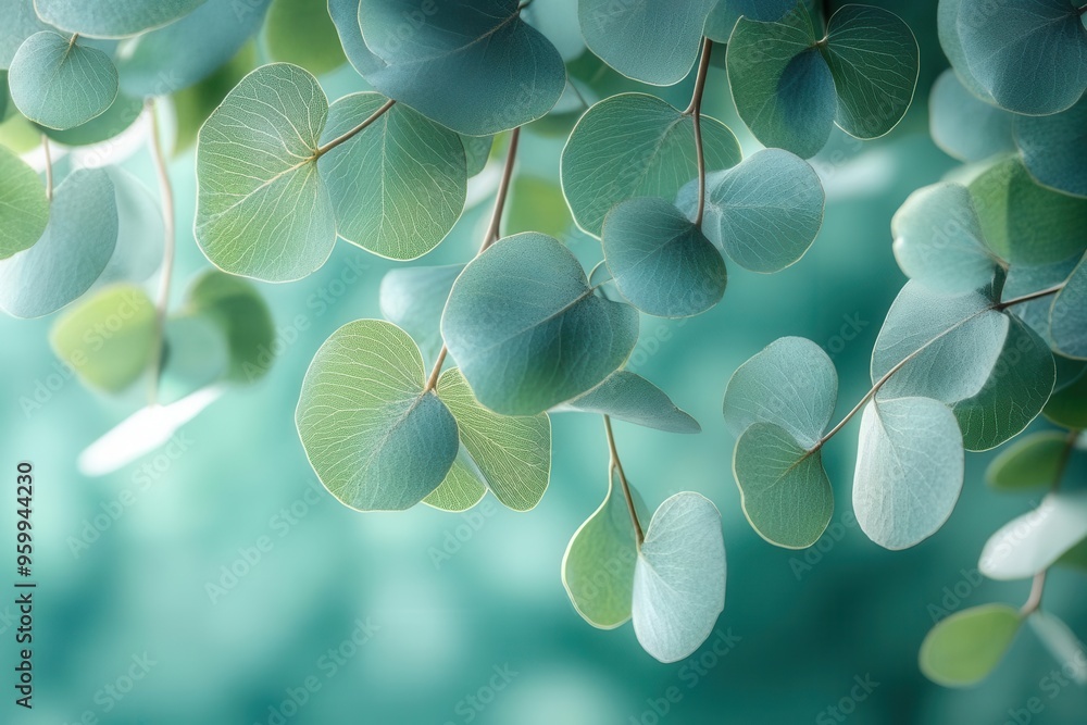 Wall mural delicate eucalyptus leaves suspended creating natural canopy soft backlight emphasizing intricate leaf structures serene botanical composition