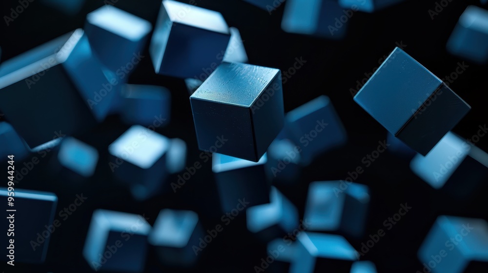 Poster collection of blue cubes in various sizes and orientations, creating a sense of depth and motion