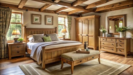 Soft blankets and plush pillows surround elegant oak furniture in a rustic English cottage bedroom, where vintage charm