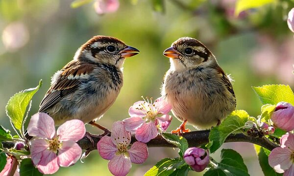 Two Sparrows Perched on a Branch in Springtime
