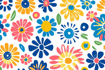 Fototapeta premium A seamless pattern of colorful hand-drawn flowers on a white background.