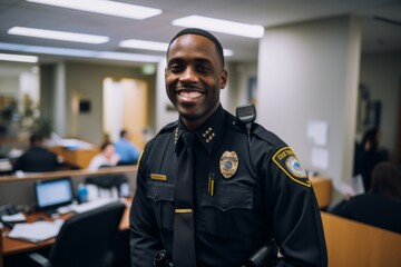 Smiling portrait of a young male African American police officer