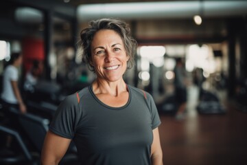 Fototapeta premium Smiling portrait of a middle aged slightly overweight woman in gym