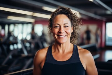 Fototapeta premium Smiling portrait of a middle aged slightly overweight woman in gym