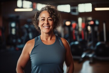Fototapeta premium Smiling portrait of a middle aged slightly overweight woman in gym