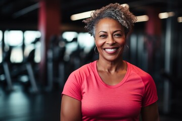 Fototapeta premium Smiling portrait of a middle aged slightly overweight woman in gym