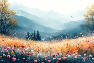 delicate wildflower meadow in soft watercolor style dreamy pastel palette loose brushstrokes