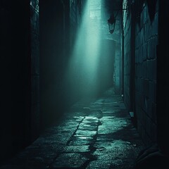 Obraz premium Mysterious grim dark dungeon alley with shadowy ambiance, stone walls, and eerie atmosphere, perfect for fantasy backgrounds, new beautiful stock image illustration AI