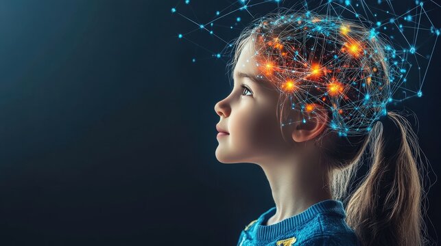 Child's cognitive growth Early creativity concept Brain development and neural activity visualization