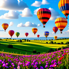 Naklejka premium A serene landscape with hot air balloons floating over rolling hills.