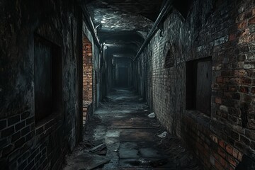 Mysterious grim dark dungeon alley with shadowy ambiance, stone walls, and eerie atmosphere, perfect for fantasy backgrounds, new beautiful stock image illustration AI