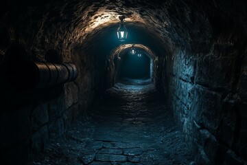 Obraz premium Mysterious grim dark dungeon alley with shadowy ambiance, stone walls, and eerie atmosphere, perfect for fantasy backgrounds, new beautiful stock image illustration AI