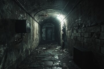 Mysterious grim dark dungeon alley with shadowy ambiance, stone walls, and eerie atmosphere, perfect for fantasy backgrounds, new beautiful stock image illustration AI