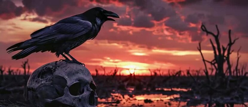 Raven on Human Skull Dark Landscape video of a raven perched on a human skull in a swampy desolate landscape at sunset in a loop.