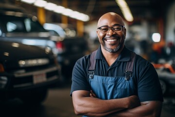 Fototapeta premium Portrait of a middle aged male car mechanic in workshop