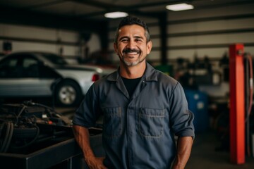 Portrait of a middle aged male car mechanic in workshop