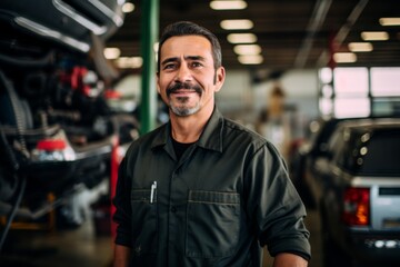 Obraz premium Portrait of a middle aged male car mechanic in workshop