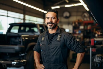Obraz premium Portrait of a middle aged male car mechanic in workshop