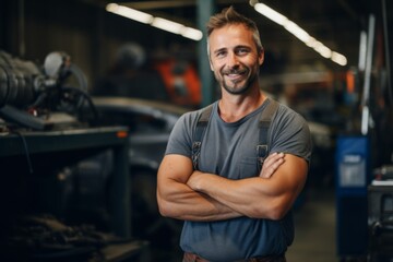 Portrait of a middle aged male car mechanic in workshop