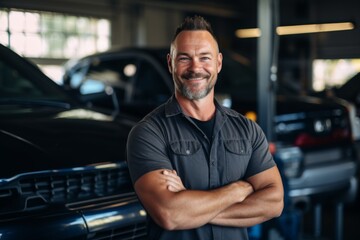 Fototapeta premium Portrait of a middle aged male car mechanic in workshop
