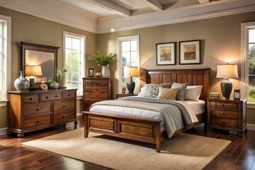 Soft gray walls provide a serene backdrop for a brown wooden bed frame, paired with a dresser and