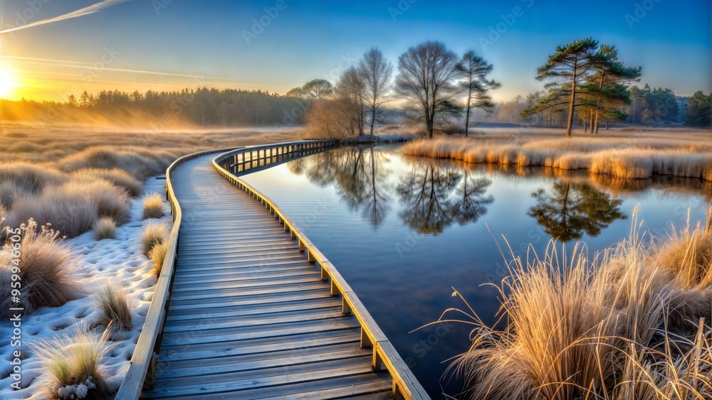 Sticker a frosty boardwalk glistens over pudmore pond