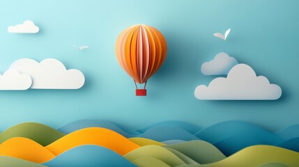 Obraz premium Paper Dreams: A Hot Air Balloon Soars Over a Paper Landscape