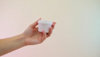 Hand holding a small plastic container with a screw lid isolated on a pastel background