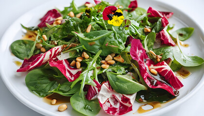 A mixed green salad with arugula, spinach, radicchio, and edible flowers, topped with toasted pine nuts and a balsamic vinaigrette.