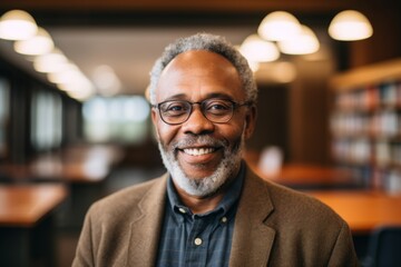 Fototapeta premium Portrait of a smiling senior African American man in library