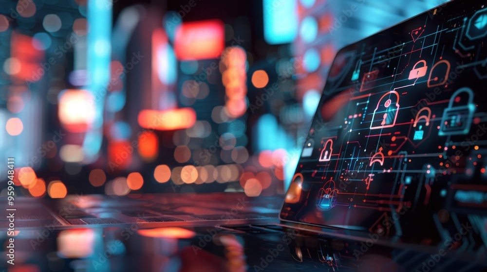 Poster cyber security concept with laptop displaying security icons in a futuristic city setting