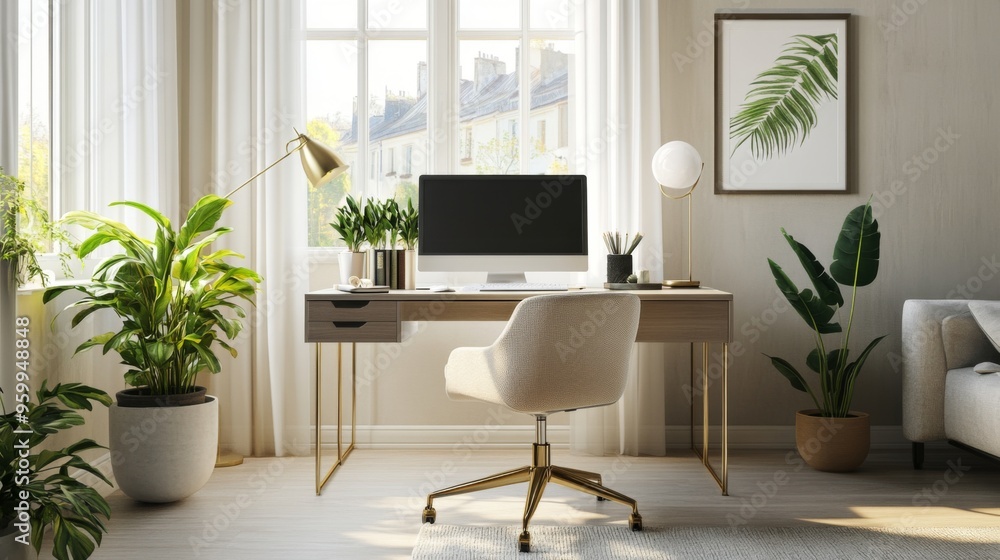 Poster a stylish desk with a designer chair, a sleek computer setup, and decorative elements like a desk la