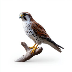 Falcon sitting on a branch with a white background, highlighting its detailed feathers and natural pose.