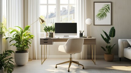 A stylish desk with a designer chair, a sleek computer setup, and decorative elements like a desk lamp and plant, set in a bright and airy office space