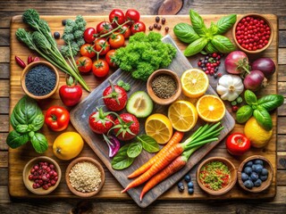 Colorful Variety Of Fresh Fruits, Vegetables, Herbs, And Spices Arranged On A Wooden Cutting Board