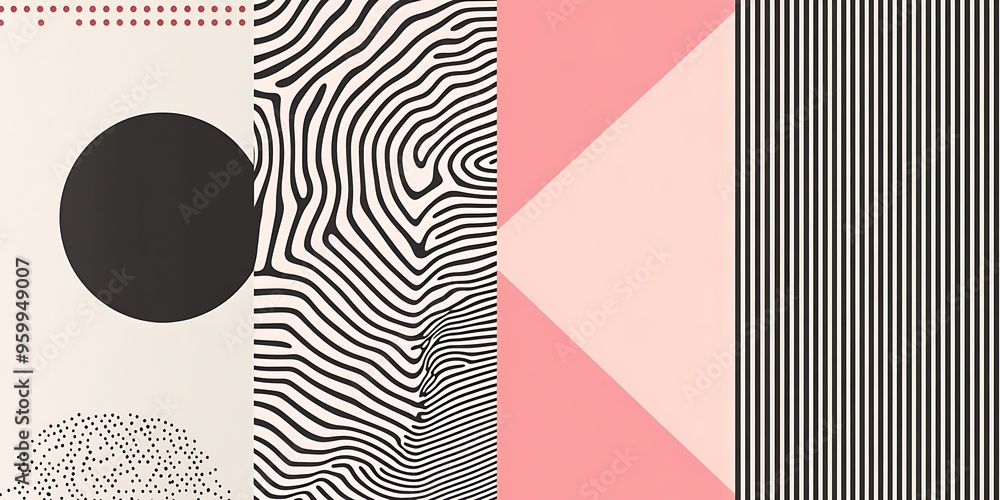 Poster minimalist geometric patterns featuring clean, sharp lines and abstract shapes in monochrome and pas