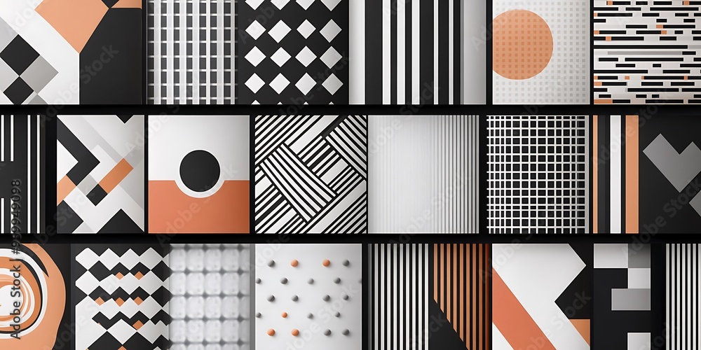 Poster minimalist geometric patterns featuring clean, sharp lines and abstract shapes in monochrome and pas
