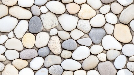 A close-up view displays a variety of small, smooth white pebbles arranged on a natural stone surface, showcasing intricate textures and natural lighting for a crisp appearance SEAMLESS PATTERN