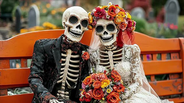 Dia de los Muertos party: of a couple, skeleton groom, arm around the bride sitting on a park bench, a poster for the day of the dead