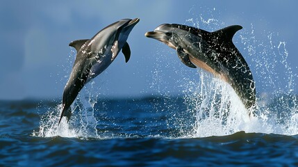 Fototapeta premium Two dolphins leap out of the water.