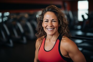 Fototapeta premium Smiling portrait of a middle aged slightly overweight woman in gym