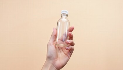 Hand holding a clear glass bottle with a screw cap isolated on a soft-colored background