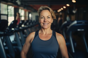 Fototapeta premium Smiling portrait of a middle aged slightly overweight woman in gym