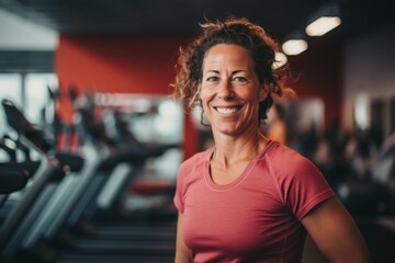 Fototapeta premium Smiling portrait of a middle aged slightly overweight woman in gym