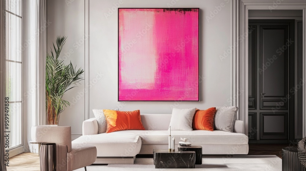 Poster A stylish pink abstract artwork displayed in a contemporary living room, adding a pop of color and a touch of sophistication