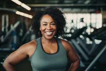 Fototapeta premium Smiling portrait of a middle aged slightly overweight woman in gym