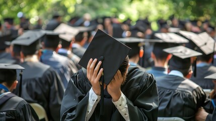 A graduate holds their cap over their face while sitting amongst other graduates.