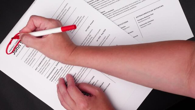Fake mock CV (curriculum vitae) resume for John Smith, selected by HR as the perfect candidate for a job. Concept of job search, employee selection, recruitment process, work and hiring.