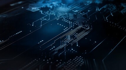 Abstract digital network circuit board background banner with glowing light and connecting data dots in blue and black colors. Big data technology concept.